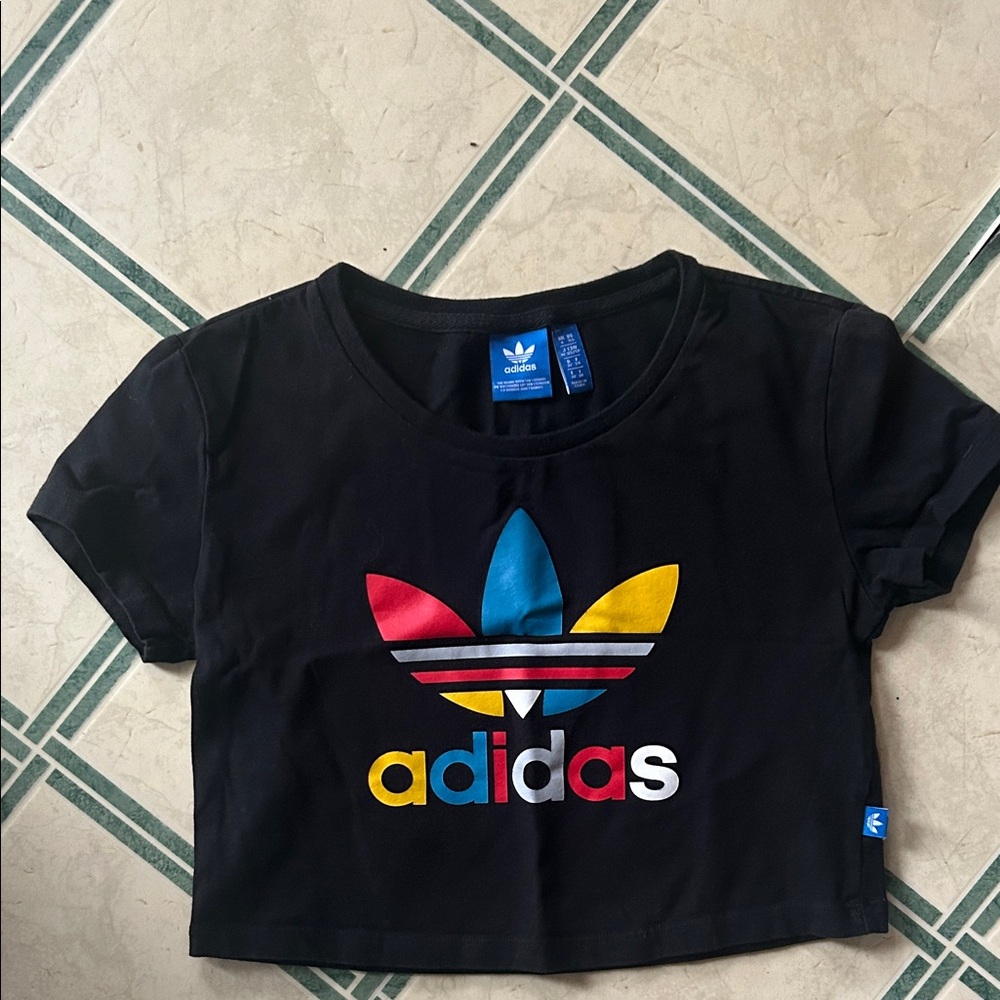 Adidas Teen Black Cropped Tee with Colorful Trefoil Logo